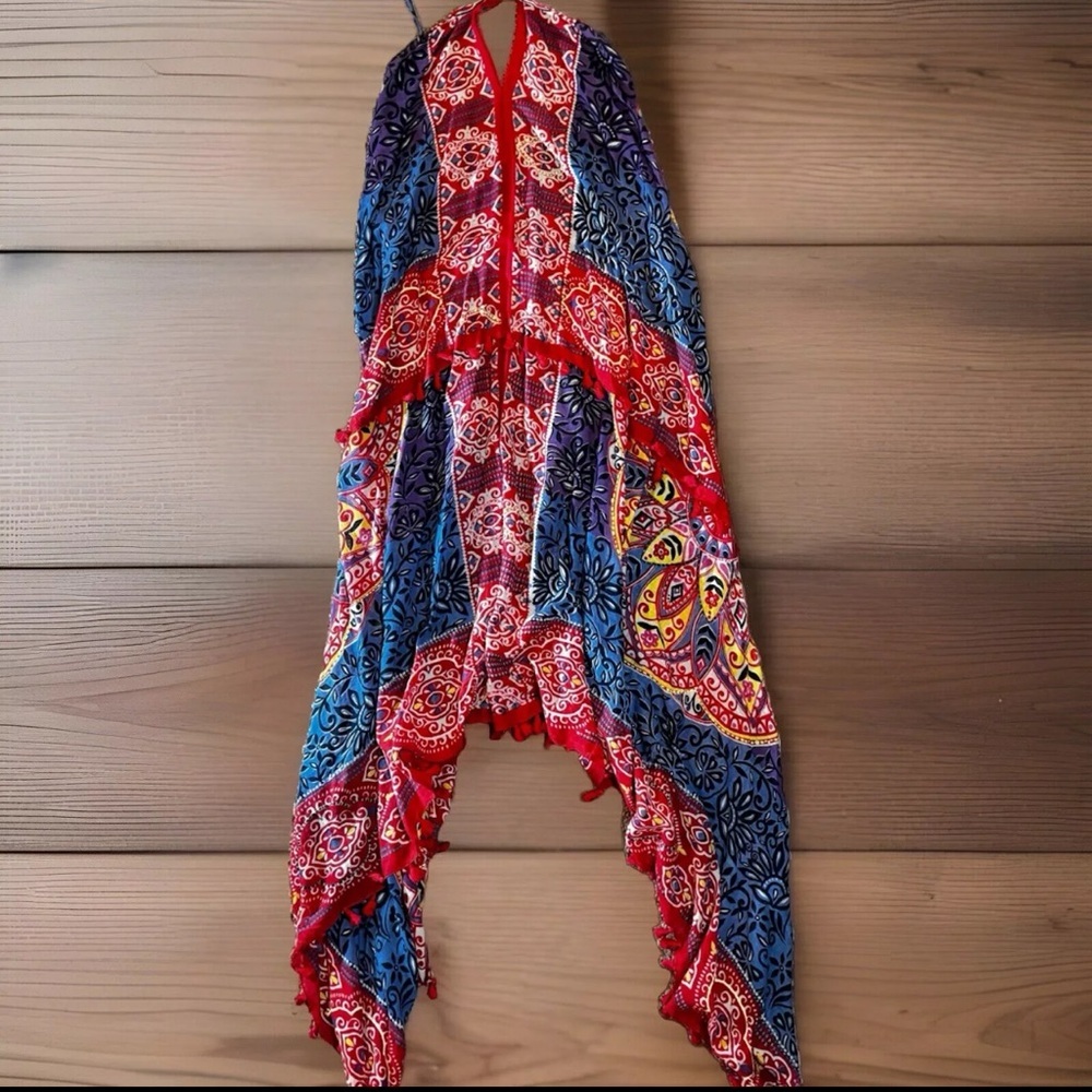 LOVESTITCH Dress Womens Red Batik Print Maxi Halter Open Back Boho NWT - Picture 9 of 16